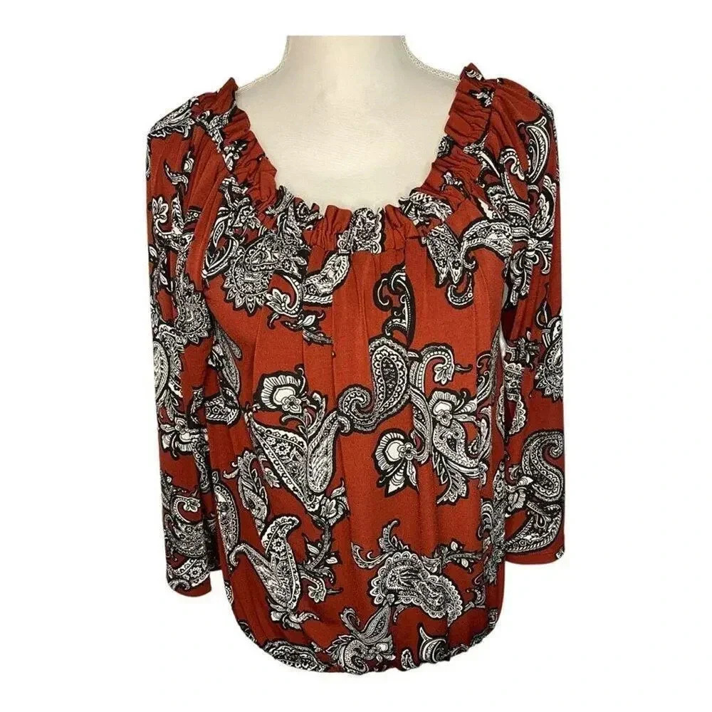 INC International Concepts Women’s Large Paisley Long Sleeve Off Shoulder Top